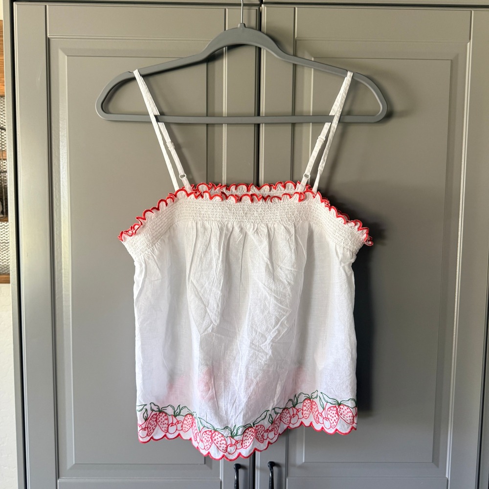 Joie Women's Strawberry Embroidered Smocked Sleep Cami Top, White Red, Small